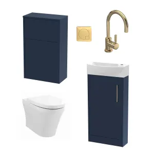 Cloakroom Suite - Left Hand 440mm Vanity, WC Unit, Toilet and Tap - Blue/Brass