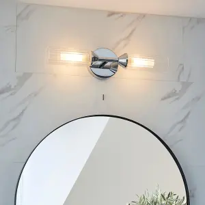 Chrome Plated Twin Bathroom Wall Light - Ribbed Glass Shade & Frosted Diffuser