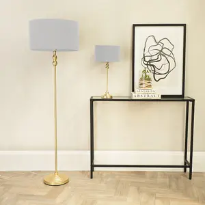 ValueLights Maggie Gold Metal Candlestick Floor Lamp with Grey Fabric Lamp Shade and LED Bulb