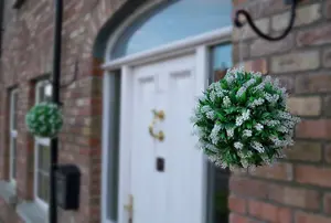 Pair of Best Artificial 28cm White Lush Lavender Hanging Basket Flower Topiary Ball - Weather & Fade Resistant