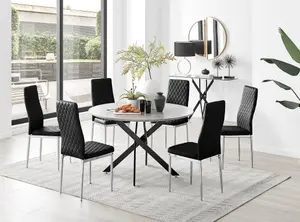 Furniturebox UK Novara Grey Concrete Effect Black Leg 120cm Round Dining Table & 6 Black Velvet Milan Chairs