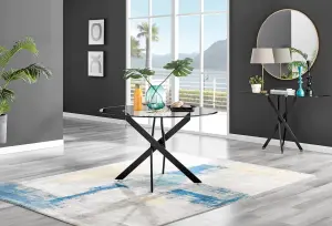 Furniturebox Novara Clear Tempered Glass 120cm Round Dining Table with Black Starburst Legs & 6 Dark Grey Halle Soft Fabric Chairs