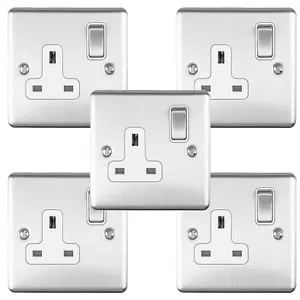 5 PACK 1 Gang Single UK Plug Socket SATIN STEEL 13A Switched White Trim Plate