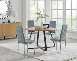 Furniturebox UK Santorini Brown Wood Contemporary Round Round Dining Table And 4 Grey Milan Chairs Set