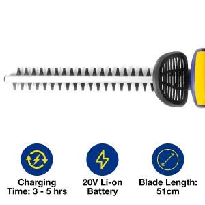 Skotek 20V Cordless Electric Hedge Trimmer 51cm Cutting Lightweight Garden Handheld Cutter Battery Charger & Safety Blade Guard