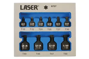 Laser Tools 6727 10pc Low Profile Impact Torx/Star Socket Bit Set 1/4"D, 3/8"D