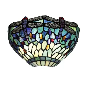 Luminosa Dragonfly Tiffany 1 Light Wall Uplighter Dark Bronze, Blue, E14