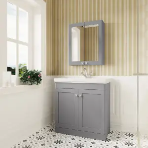 Traditional Floor Standing 2 Door Vanity Unit with 1 Tap Hole Fireclay Basin, 800mm - Satin Grey