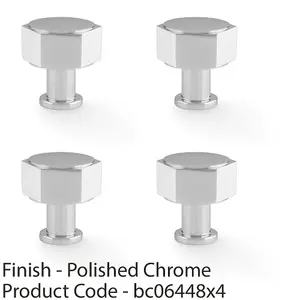 4 PACK - Industrial Hex Cabinet Door Knob - 33mm Polished Chrome Cupboard Pull Handle