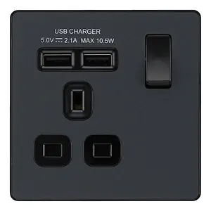 BG Evolve Single Switched Socket 13A Dual USB A Matt Grey - PCDMG21U2B