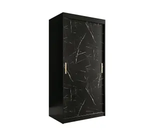 Compact Black Geneva T Sliding Door Wardrobe W1000mm H2000mm D620mm - Sleek Design, Gold Handles, Efficient Storage