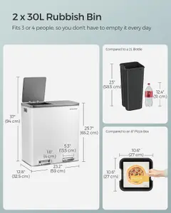 SONGMICS Double Compartment Rubbish Bin with 2 Bin Bags, Metal Foot Pedals, Plastic Buckets, Airtight, White and Black