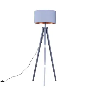 ValueLights Willow Large Modern Grey Wood and Metal Tripod Design Floor Lamp with Grey Copper Shade