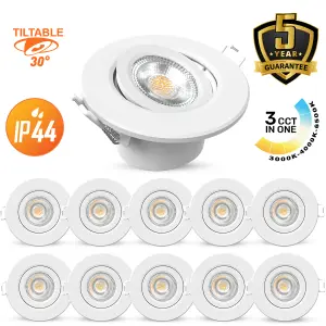 paul russells LED Downlight White Tilt Recessed Ceiling SpotLight  4.8W 480 Lumens, IP44, Colour Changeable CCT3 Pack of 10