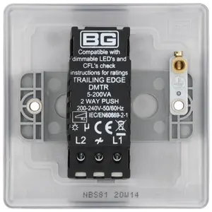 BG Raised slim Silver Steel effect 1 gang profile Single 200W Dimmer switch