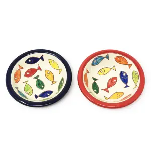 Signature Coloured Fish Hand Painted Ceramic Set of 2 Mixed Tapas Bowls (Diam) 12cm