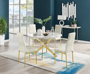 Furniturebox UK Novara White Marble Gold Leg 120cm Round Dining Table & 4 Cream Velvet Milan Gold Leg Chairs