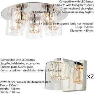 5 Bulb Ceiling Lamp & 2x Matching Wall Mount Light Round Chrome & Crystal Glass