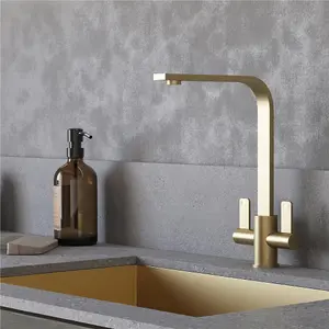 Liquida EB404BR Flat Style Modern Dual Lever Brushed Brass Kitchen Mixer Tap