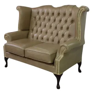 Chesterfield 2 Seater High Back Wing Sofa Old English Parchment Leather In Queen Anne Style