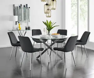 Furniturebox UK Novara 120cm Round Dining Table and 6 Black Pesaro Silver Leg Chairs