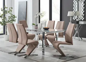 Furniturebox UK 6 Seater Dining Set - Enna White Glass & Chrome Extendable Dining Table & Chairs - 6 Beige Leather Willow Chairs