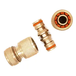 Hose Fitting Repair Set 2 x Brass Garden Water Hose 1/2" Quick End Connector & 1 x Brass Double Male Hose Connector