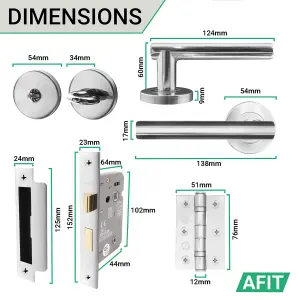 AFIT Polished Chrome Bathroom Door Handle Set - Pack of 2, Lock (64mm) & Hinges (76mm) Olvera Range