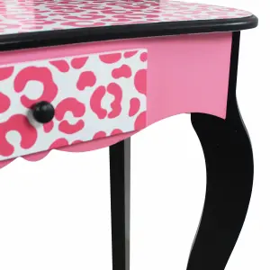 Teamson Kids Dressing Table, Play Vanity Set with Mirror & Stool - Pink/Black/Leopard Print