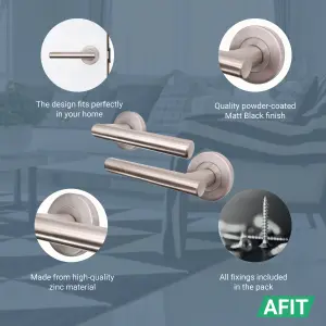 AFIT Door Handles Satin Nickel  - 1 Pair Satin Lever on Rose Round T-Bar Handles- Olvera Range