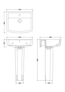 Square 1 Tap Hole Basin & Full Pedestal - 520mm