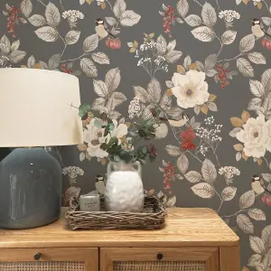 Belgravia Bramble Floral Charcoal Wallpaper Birds Leaves Flowers Feature Wall