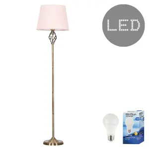 ValueLights Memphis Antique Brass Barley Twist Floor Lamp with Pink Tapered Light Shade - with LED GLS Bulb in Warm White