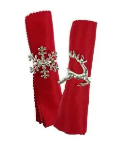 Christmas Napkin Rings 6 Silver Serviette Holder Ring Reindeer & Snowflake