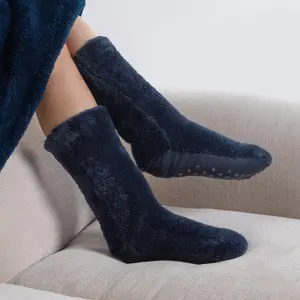 Teddy Fleece Womens Bed Socks Fluffy Pair Sherpa Non Slip Sole, Navy