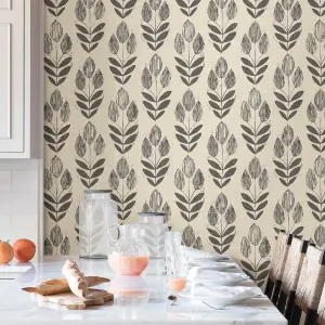 NuWallpaper NUS2459 Folk Tulip Peel & Stick Wallpaper, Charcoal