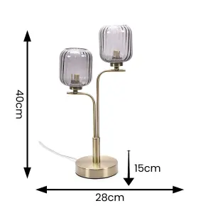 ValueLights Amelie Gold 2 Way Table Lamp with Smoked Ribbed Glass Shades - LED Bulbs Included