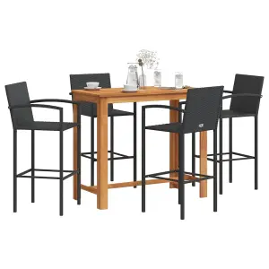 5 Piece Garden Bar Set Black Solid Wood Acacia and Poly Rattan