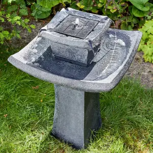 Oriental Pagoda Solar Powered Water Feature - Slate-Effect Polyresin 2 Tier Cascading Water Fountain - H72 x 47cm Diameter