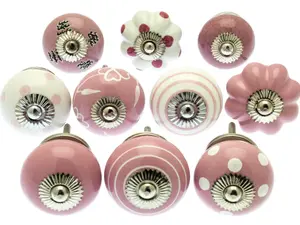 MangoTreeKnobs - Mixed Set of Pink & White Ceramic Cupboard Knobs/Door knobs/Drawer knobs x Pack 10