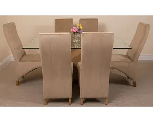 Valencia 160 cm x 90 cm Glass Dining Table and 6 Chairs Dining Set with Lola Beige Fabric Chairs