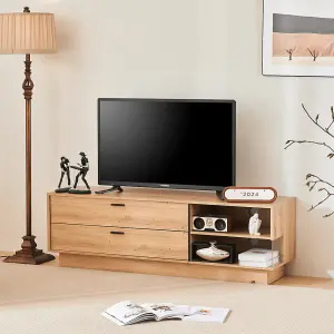 Oak-colored TV Stand for 60-inch TV, Two Drawers and Two Open Storage Spaces, Modern Entertainment Center, 140 x40x45 cm