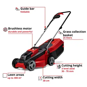 Einhell 30cm Power X-Change Cordless Lawnmower 18V Rotary With 25L Grass Box BRUSHLESS - GE-CM 18/30 Li Solo - BODY ONLY