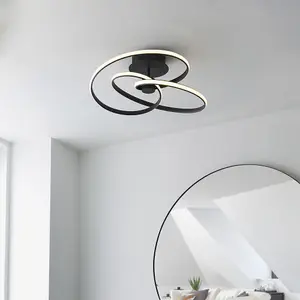 Semi Flush Ceiling Light Fitting - Textured Black & White Diffuser - LED Tape