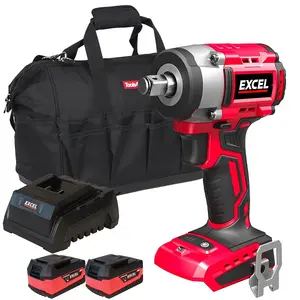 Excel 18V Cordless Brushless 1/2'' Impact Wrench with 2 x 5.0Ah Battery Charger & Bag