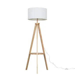 ValueLights Morrigan Light Wood Tripod Design Floor Lamp with Storage Shelf & White Drum Shade - Includes 6w LED Bulb 3000K