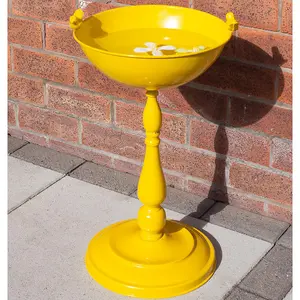 Small Yellow Bird Bath - Weather Resistant Metal Pedestal Style Colourful Outdoor Garden Wild Bird Water Bowl Station, H56 x W30cm