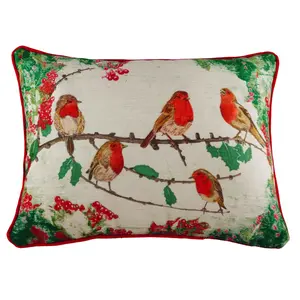 Evans Lichfield Xmas Robins Chenille Rectangular Feather Rich Cushion