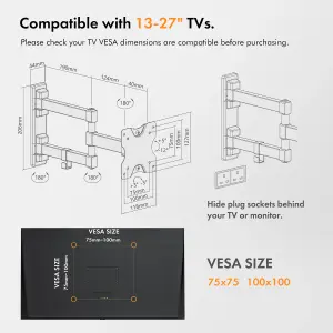 VonHaus TV Wall Bracket Mount Tilt & Swivel Ultra Slim Design for 13-27" up to 20kg Max VESA 100X100