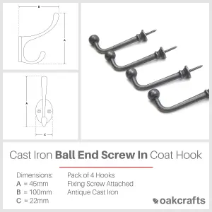 Oakcrafts - Antique Cast Iron Ball End Screw In Coat Hook  - Pack of 4 Hooks